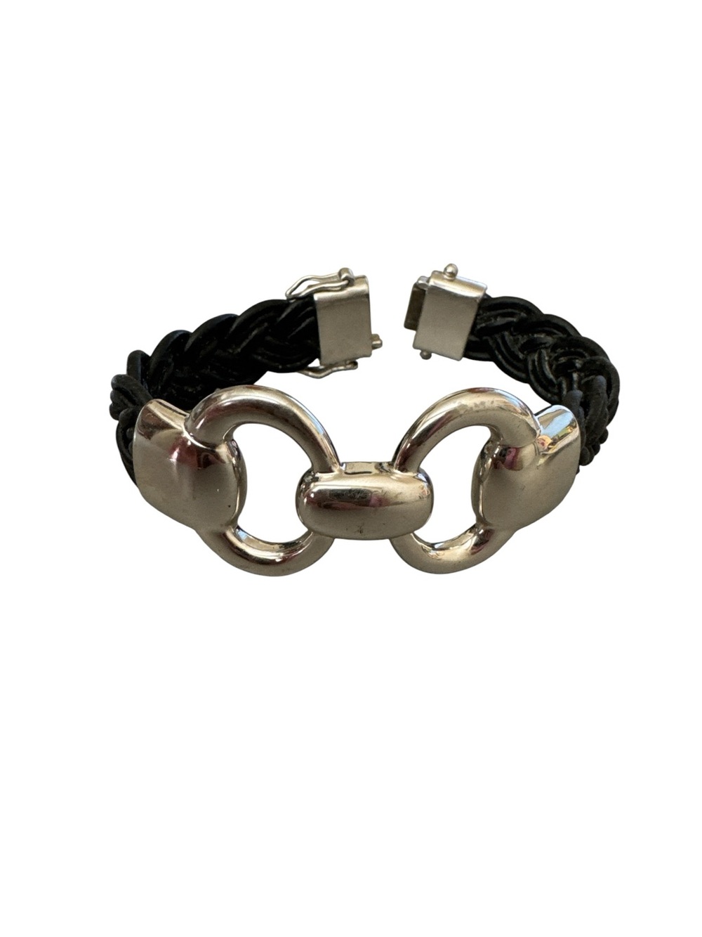 Bronze Milor Italy Silver Link & Black Braided Leather Bracelet